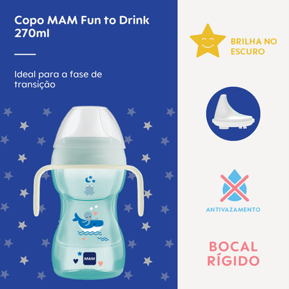 Copo de Transição MAM Fun to Drink Night 270ml Brilha no Escuro 8+ Meses Azul