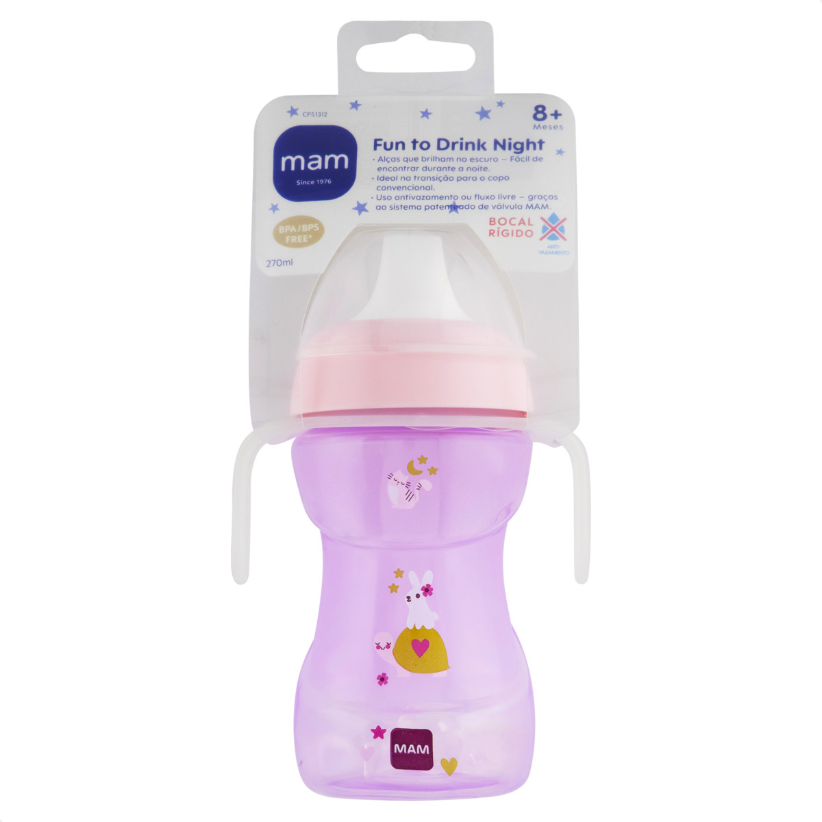 Copo de Transição MAM Fun to Drink Night 270ml Brilha no Escuro 8+ Meses Rosa