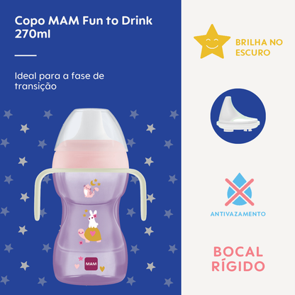 Copo de Transição MAM Fun to Drink Night 270ml Brilha no Escuro 8+ Meses Rosa