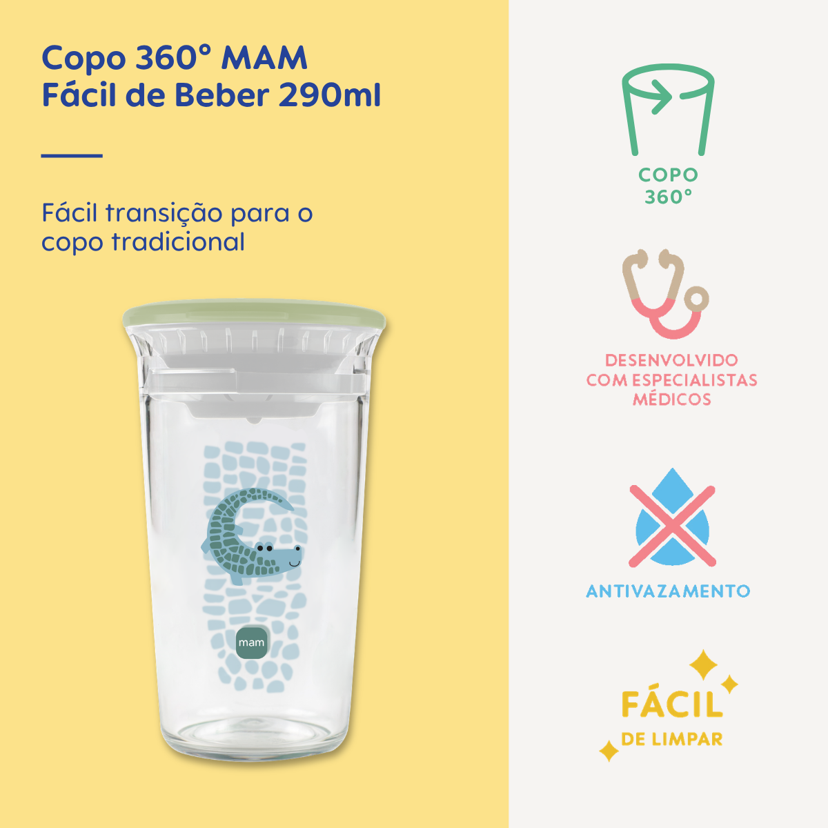 Copo de Transição 360° MAM Fácil de Beber 290ml 8+ Meses Com Tampa Verde