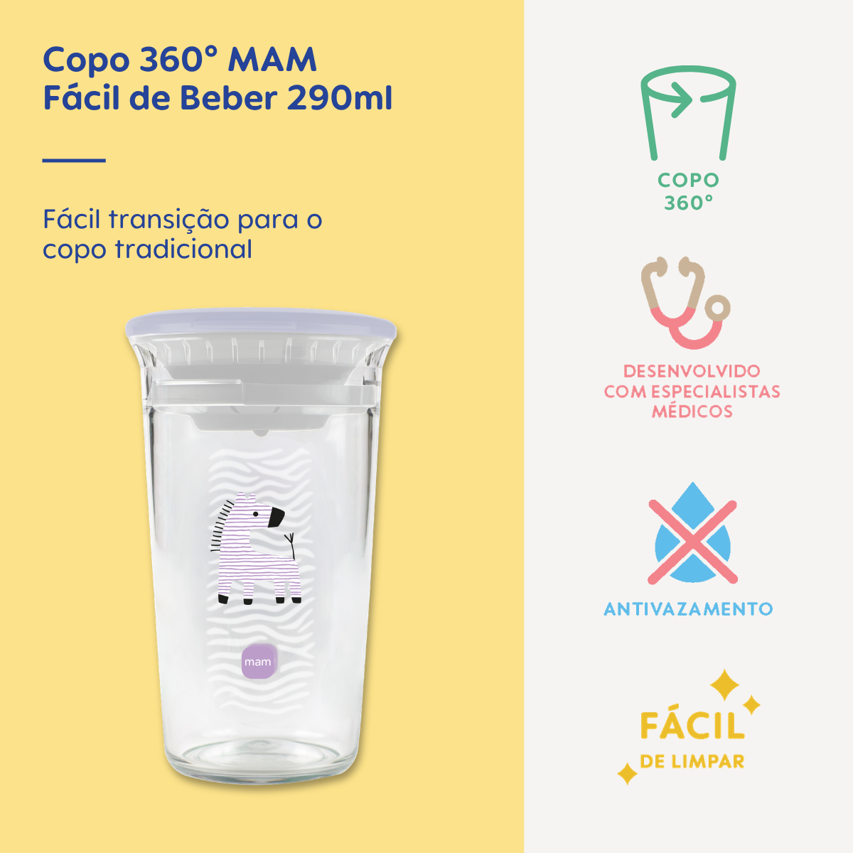 Copo de Transição 360° MAM Fácil de Beber 290ml 8+ Meses Com Tampa Lilás