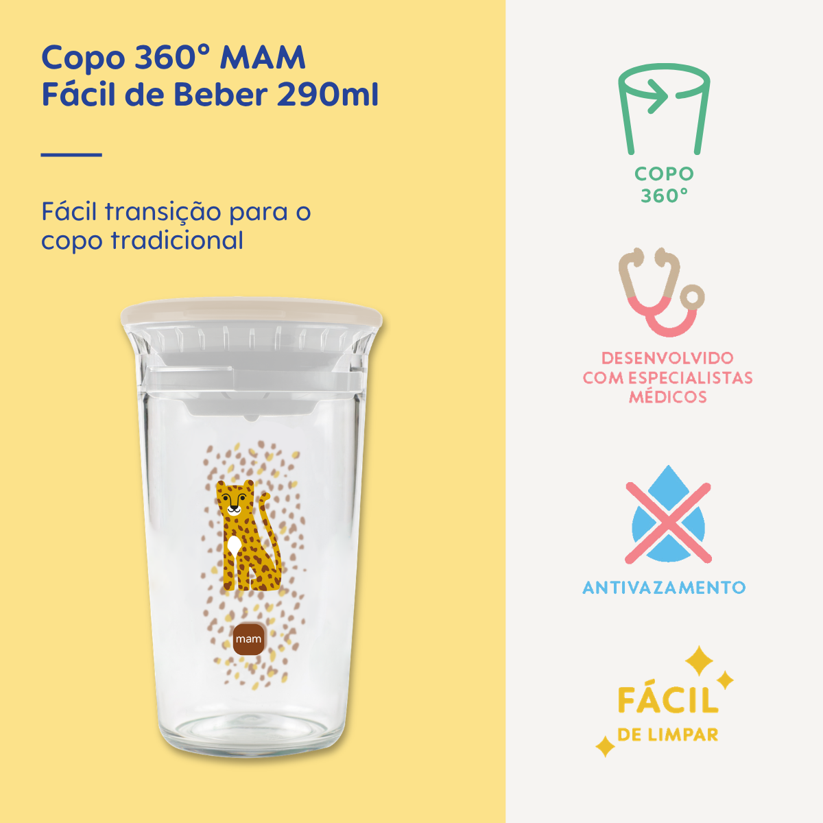 Copo de Transição 360° MAM Fácil de Beber 290ml 8+ Meses Com Tampa Neutra