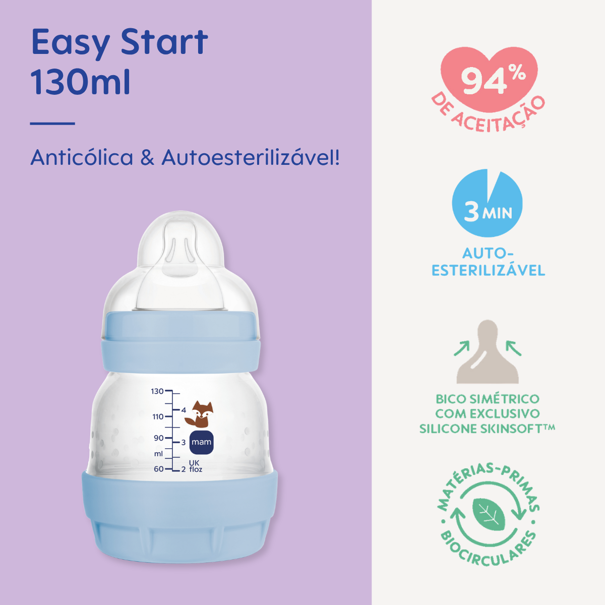 Mamadeira MAM Easy Start 130ml Anticólica e Autoesterilizável 0+ Meses Azul
