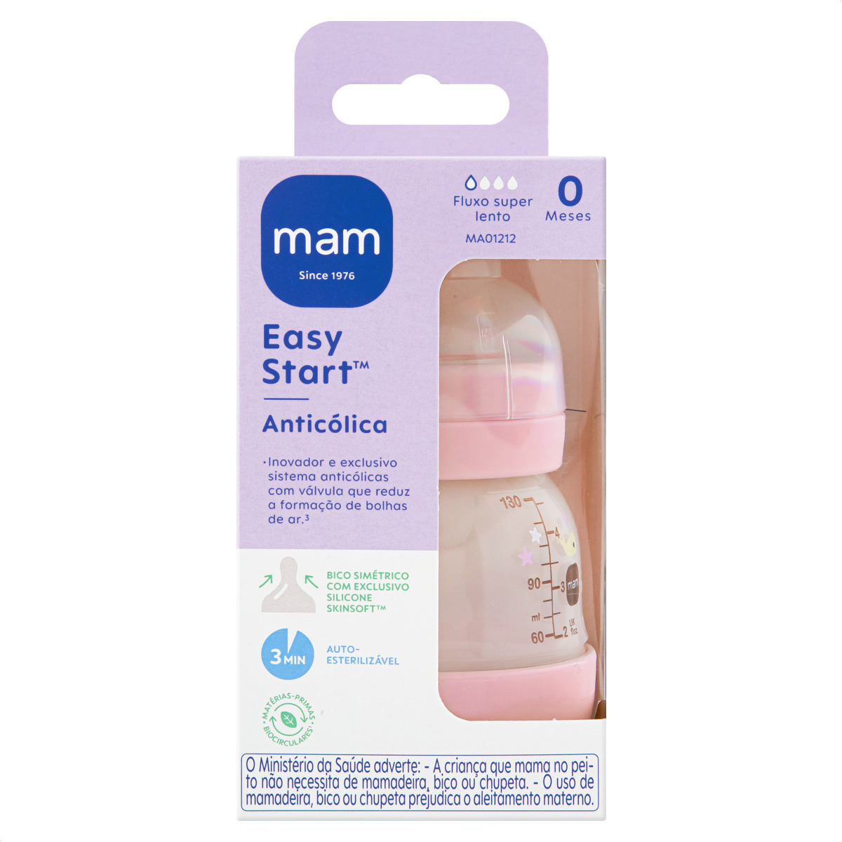 Mamadeira MAM Easy Start 130ml Anticólica e Autoesterilizável 0+ Meses Lilás