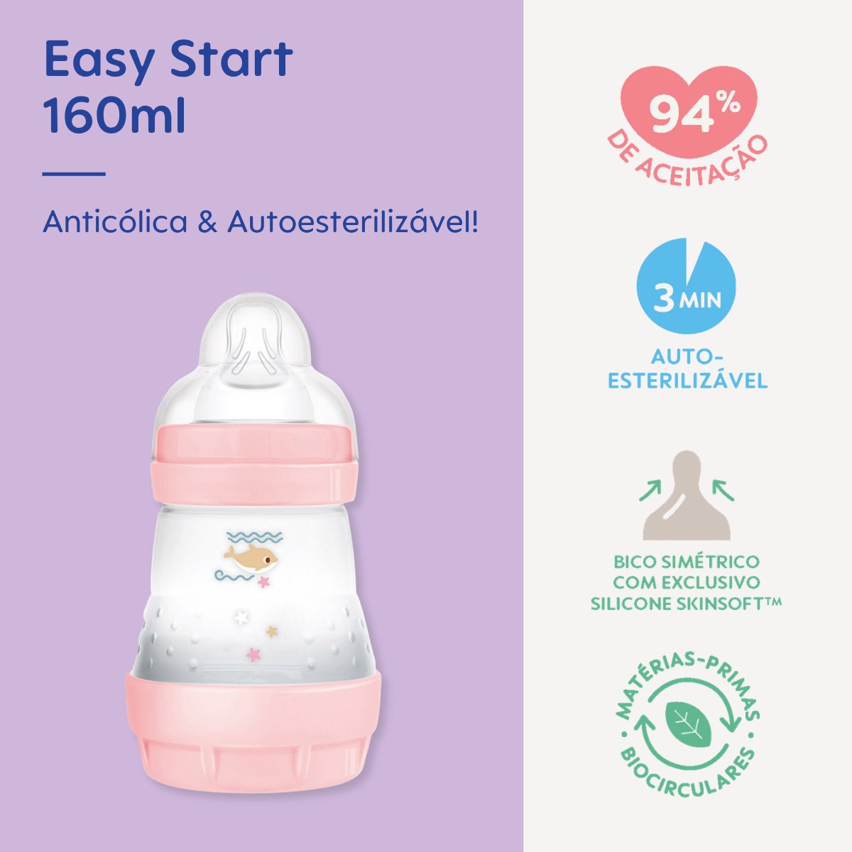 Mamadeira MAM Easy Start 160ml Anticólica e Autoesterilizável 0+ Meses Rosa