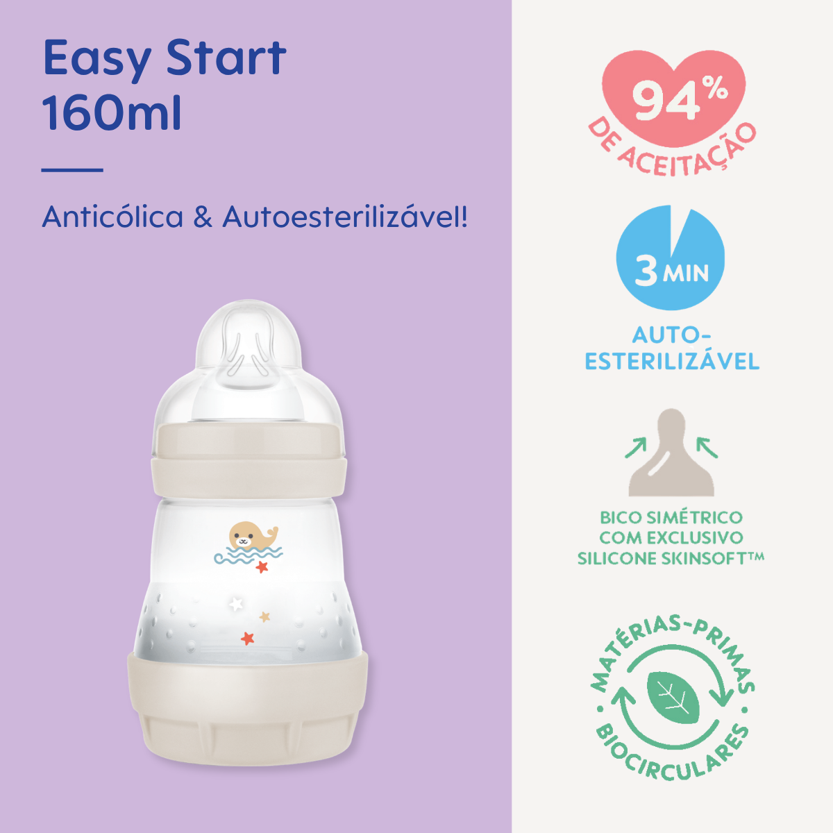 Mamadeira MAM Easy Start 160ml Anticólica e Autoesterilizável 0+ Meses Neutra