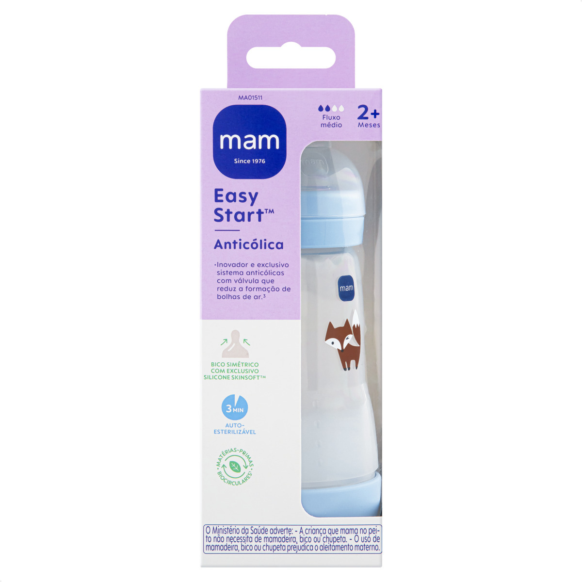 Mamadeira Mam Easy Start 260ml Anticólica e Autoesterilizável 2+ Meses Azul
