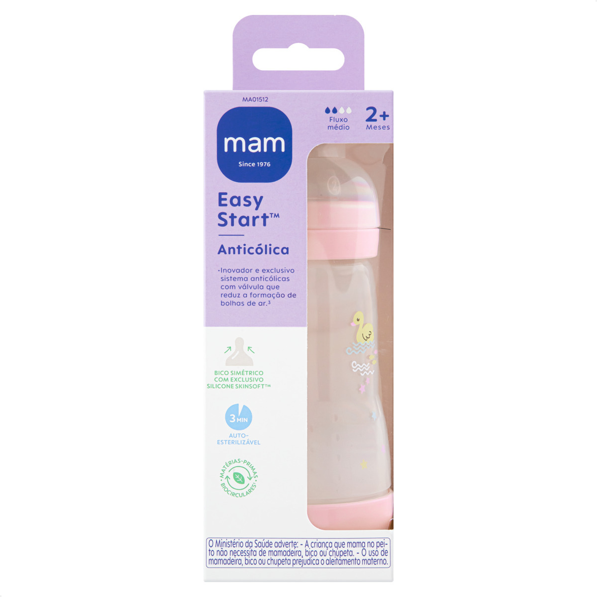 Mamadeira Mam Easy Start 260ml Anticólica e Autoesterilizável 2+ Meses Rosa
