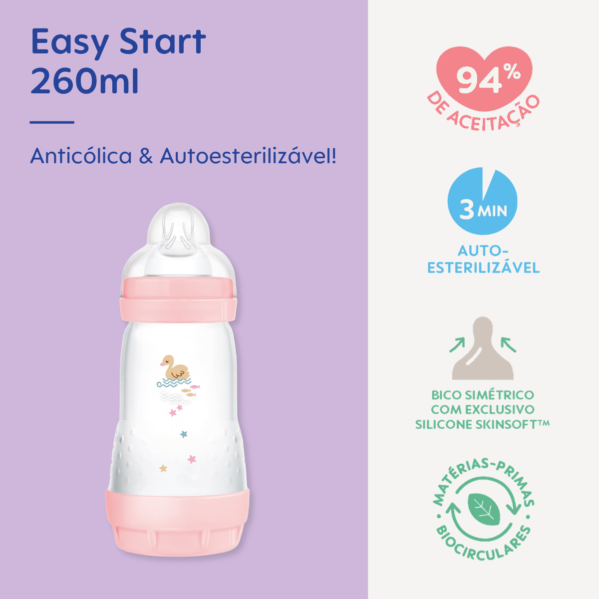 Mamadeira Mam Easy Start 260ml Anticólica e Autoesterilizável 2+ Meses Rosa