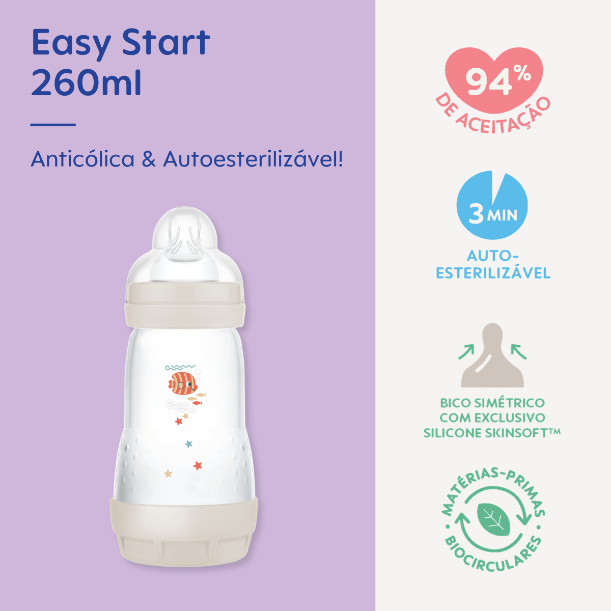 Mamadeira Mam Easy Start 260ml Anticólica e Autoesterilizável 2+ Meses Neutra