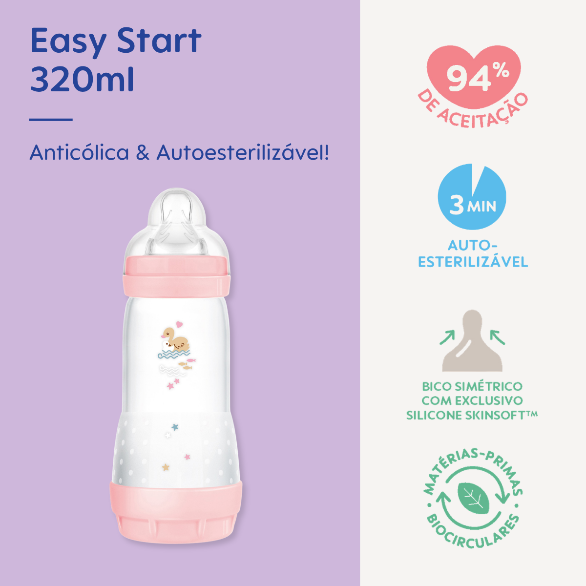 Mamadeira Mam Easy Start 320ml Anticólica e Autoesterilizável 4+ Meses Rosa