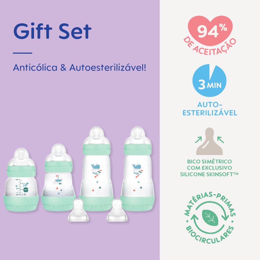Kit 4 Mamadeiras MAM Easy Start - Gift Set Anticólica e Autoesterilizável 0+ Meses Verde