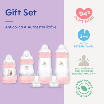 Kit 4 Mamadeiras MAM Easy Start - Gift Set Anticólica e Autoesterilizável 0+ Meses Rosa
