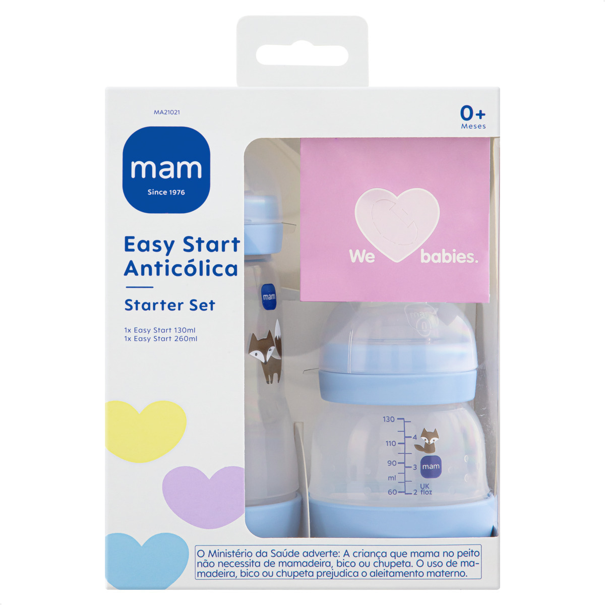 Kit 2 Mamadeiras MAM Easy Start - Starter Set 130ml + 260ml Anticólica e Autoesterilizável 0+ Meses Azul