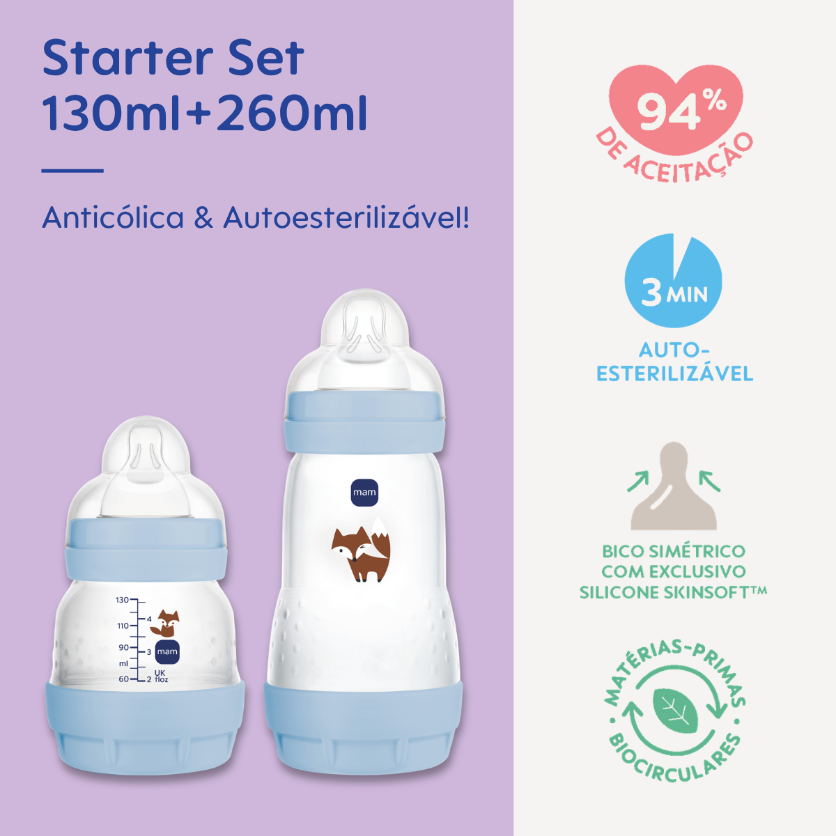 Kit 2 Mamadeiras MAM Easy Start - Starter Set 130ml + 260ml Anticólica e Autoesterilizável 0+ Meses Azul