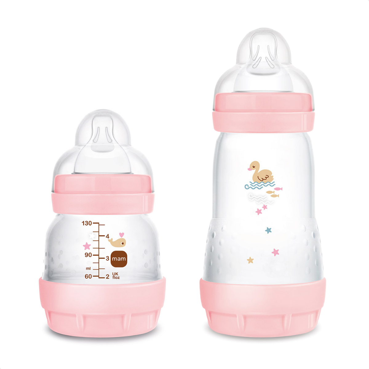 Kit 2 Mamadeiras MAM Easy Start - Starter Set 130ml + 260ml Anticólica e Autoesterilizável 0+ Meses Rosa