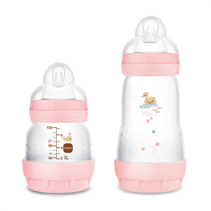 Kit 2 Mamadeiras MAM Easy Start - Starter Set 130ml + 260ml Anticólica e Autoesterilizável 0+ Meses Rosa