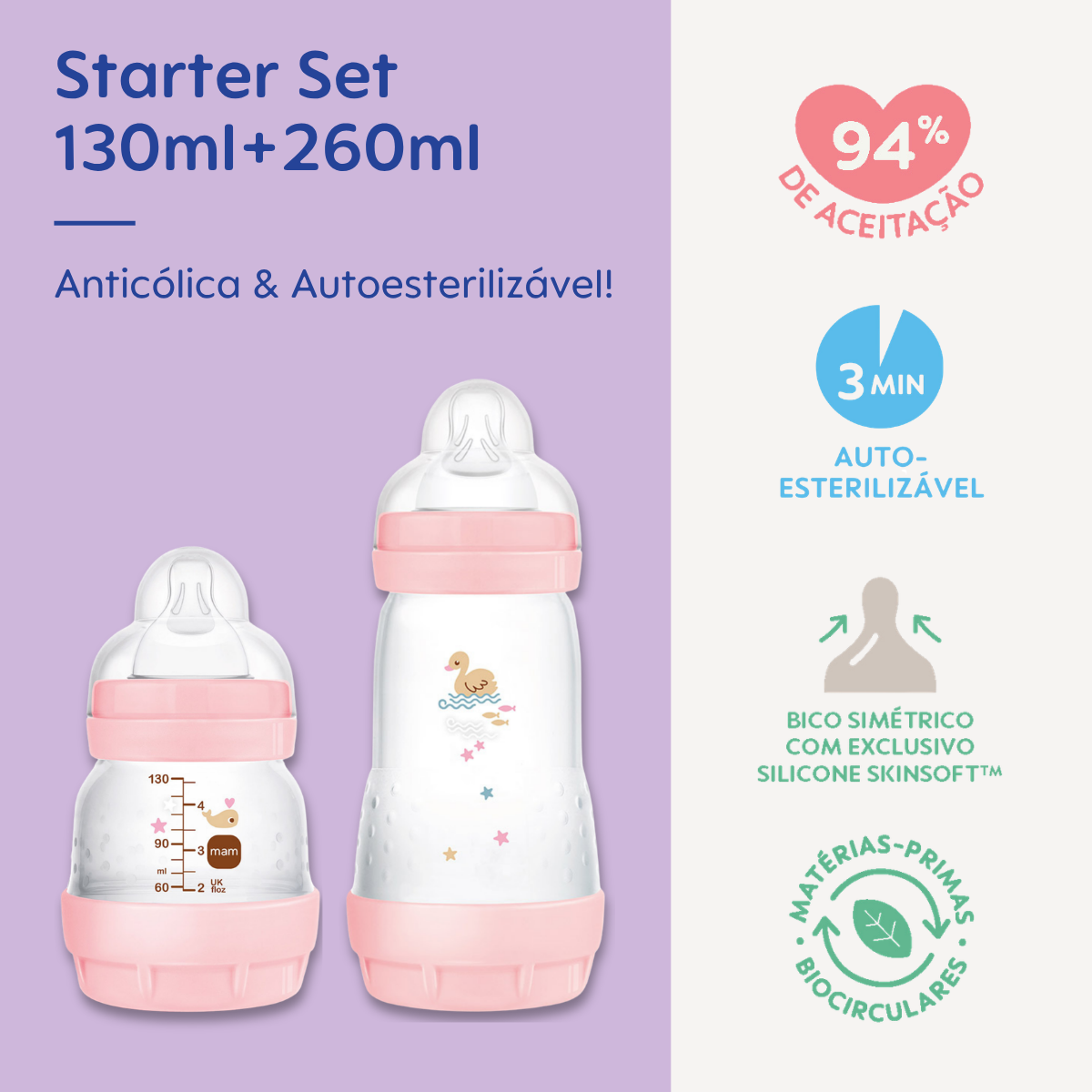 Kit 2 Mamadeiras MAM Easy Start - Starter Set 130ml + 260ml Anticólica e Autoesterilizável 0+ Meses Rosa