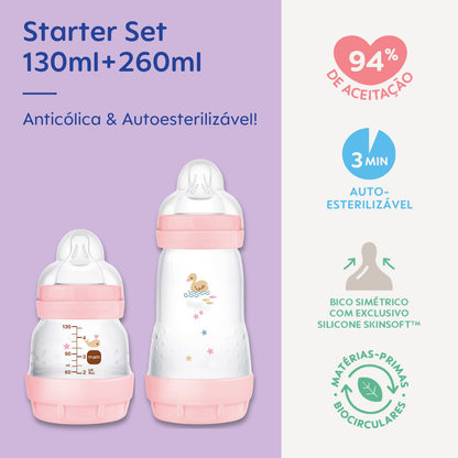 Kit 2 Mamadeiras MAM Easy Start - Starter Set 130ml + 260ml Anticólica e Autoesterilizável 0+ Meses Rosa