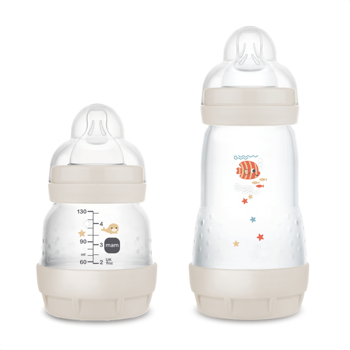 Kit 2 Mamadeiras MAM Easy Start - Starter Set 130ml + 260ml Anticólica e Autoesterilizável 0+ Meses Neutro