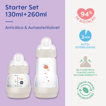 Kit 2 Mamadeiras MAM Easy Start - Starter Set 130ml + 260ml Anticólica e Autoesterilizável 0+ Meses Neutro