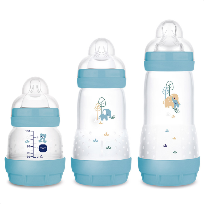 Kit 3 Mamadeiras MAM Easy Start - Trio 130ml + 260ml +320ml Anticólica e Autoesterilizável 0+ Meses Azul