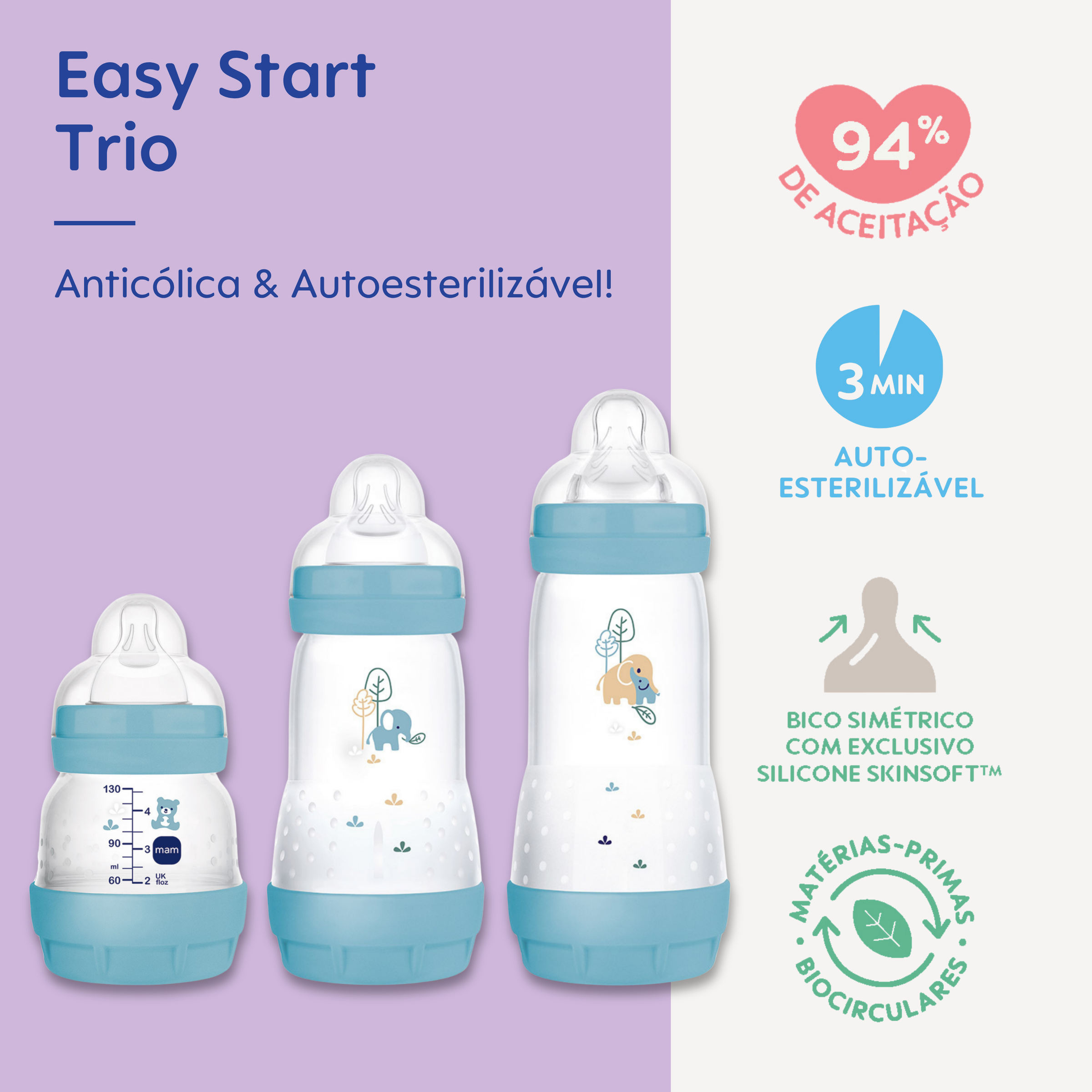 Kit 3 Mamadeiras MAM Easy Start - Trio 130ml + 260ml +320ml Anticólica e Autoesterilizável 0+ Meses Azul