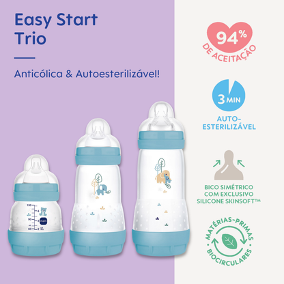 Kit 3 Mamadeiras MAM Easy Start - Trio 130ml + 260ml +320ml Anticólica e Autoesterilizável 0+ Meses Azul