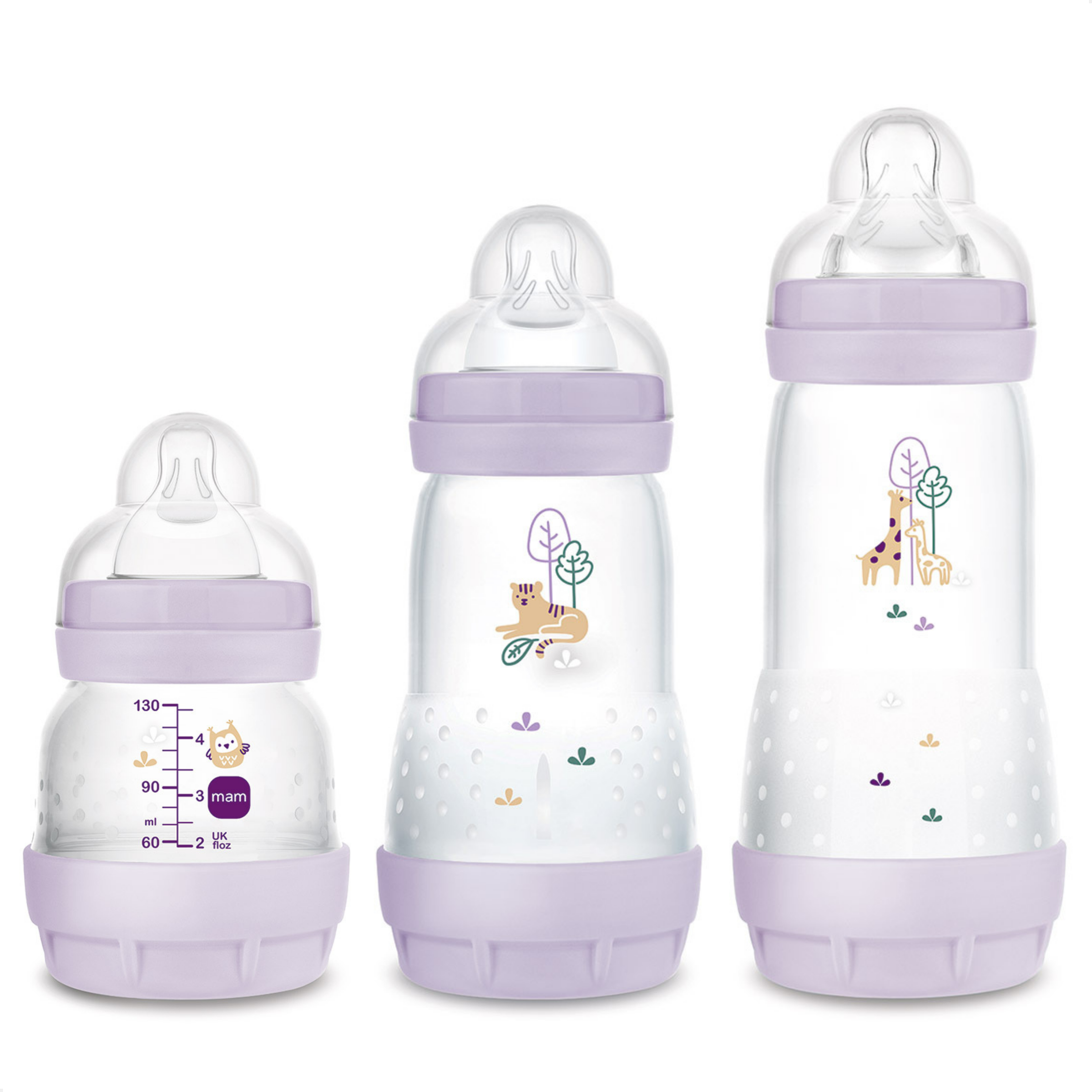Kit 3 Mamadeiras MAM Easy Start Trio 130ml + 260ml +320ml Anticólica e Autoesterilizável 0+ Meses Lilás