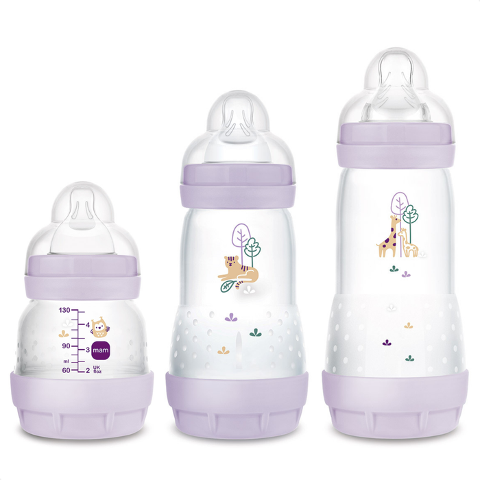 Kit 3 Mamadeiras MAM Easy Start Trio 130ml + 260ml +320ml Anticólica e Autoesterilizável 0+ Meses Lilás