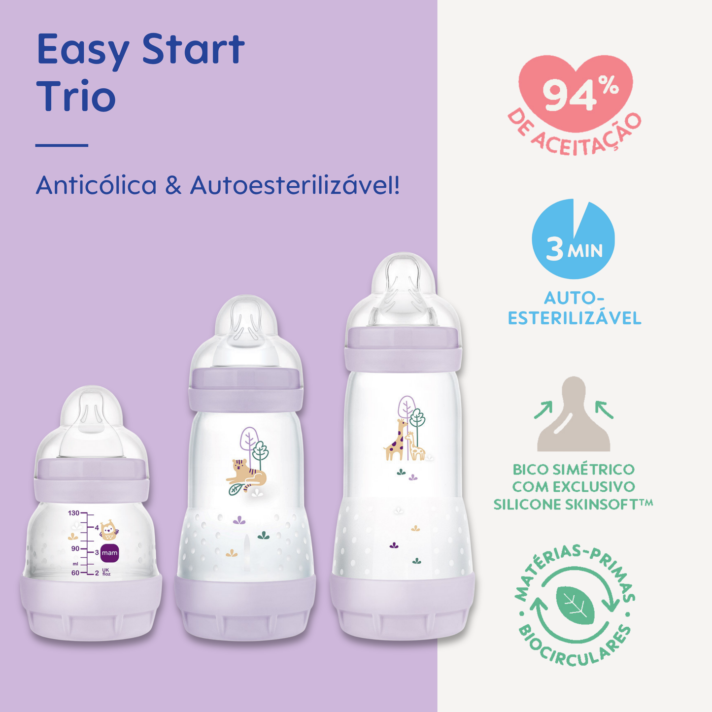 Kit 3 Mamadeiras MAM Easy Start Trio 130ml + 260ml +320ml Anticólica e Autoesterilizável 0+ Meses Lilás