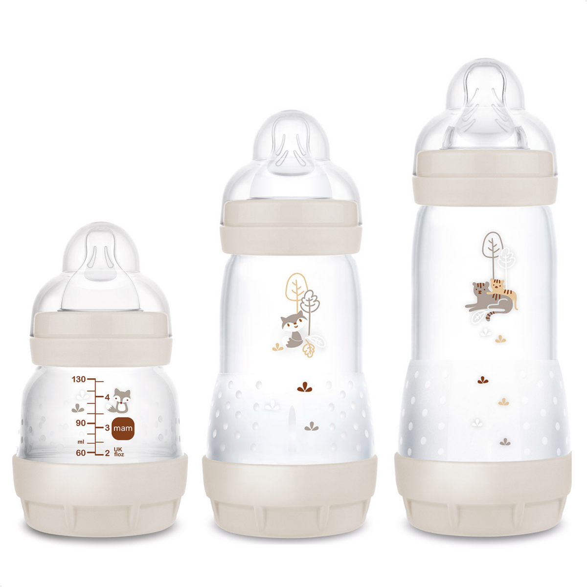 Kit 3 Mamadeiras MAM Easy Start Trio 130ml + 260ml +320ml Anticólica e Autoesterilizável 0+ Meses Neutro