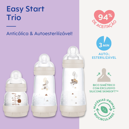 Kit 3 Mamadeiras MAM Easy Start Trio 130ml + 260ml +320ml Anticólica e Autoesterilizável 0+ Meses Neutro