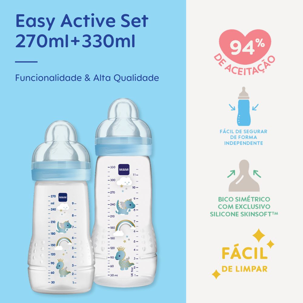 Kit 2 Mamadeiras MAM Easy Active Set 270ml + 330ml 2+ Meses Azul