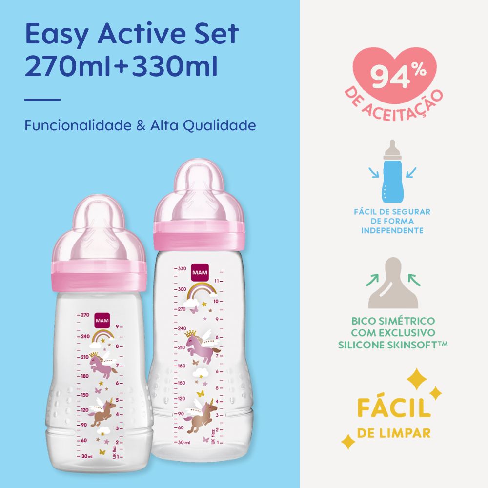 Kit 2 Mamadeiras MAM Easy Active Set 270ml + 330ml 2+ Meses Rosa