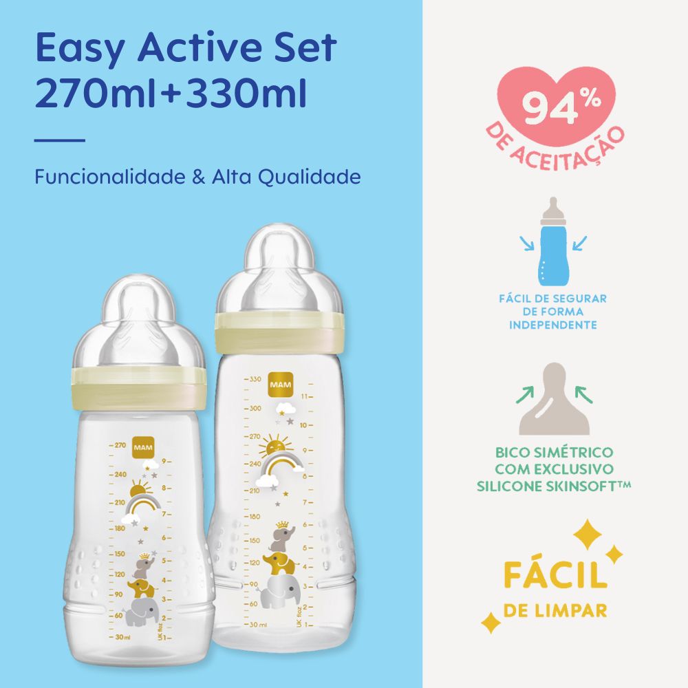 Kit 2 Mamadeiras MAM Easy Active Set 270ml + 330ml 2+ Meses Neutro